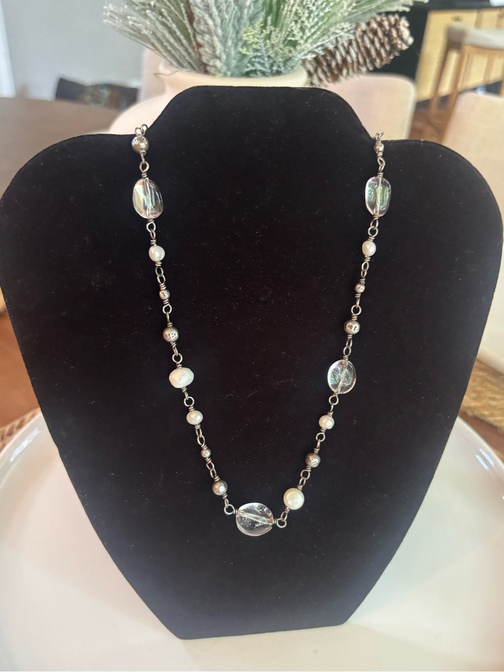 Silpada Retired N1602 Sterling Silver Clear Quartz Freshwater Pearl Necklace 18”